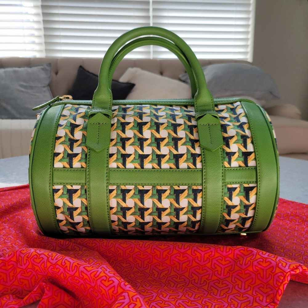 Tory Burch Green Leather and Printed Canvas Barrel Bag